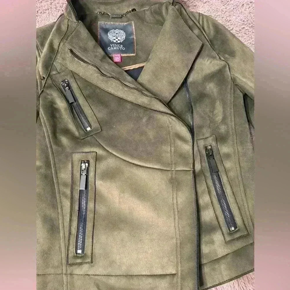 VINCE CAMUTO OLIVE GREEN SYNTHETIC SUEDE ASYMMETRIC ZIPPER JACKET SIZE XS - Picture 7 of 10